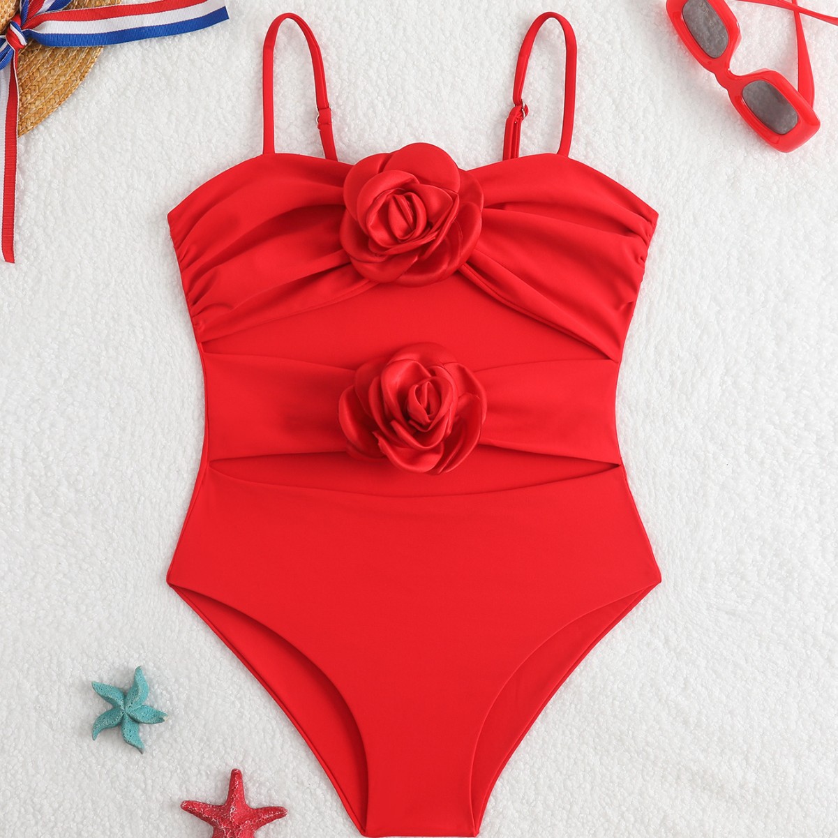 2026 Foreign Trade Children's Swimwear for Girls, Baby Girls, Red Solid Color Beach Strap Swimsuit for Young Children
