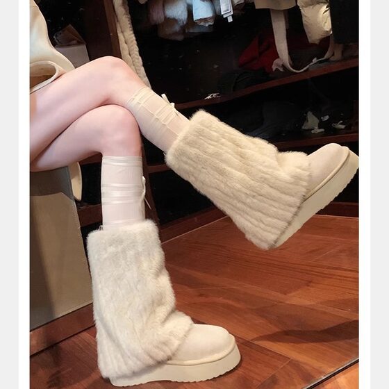 Grape mom with round head Mao Mao warm fleece-lined thick bottom snow boots women 2024 winter new cotton shoes