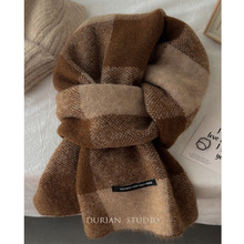 羊毛混纺围巾女冬季韩版百搭日系格子驼色保暖格纹围脖高级感送礼