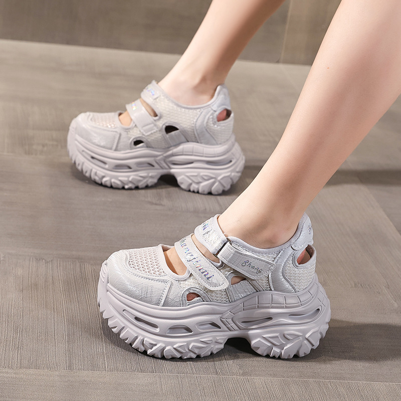 Giày sneaker nữ đế dày tăng chiều cao, dán Magic Stick, thoáng khí — màu trắng