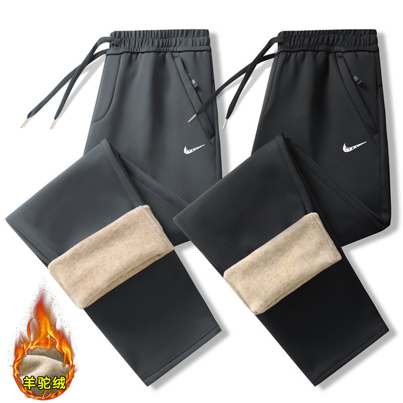 Men's Winter Outdoor Waterproof and Windproof Fleece-Lined Thickened Warm Sports Casual Pants, Cold-Resistant Straight-Leg Trousers, Trendy
