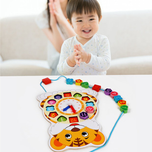 Wooden Cartoon Animal Time Cognitive Clock Beaded Alarm Clock 0-3-6 Years Old Children Early Education Educational Digital Toy