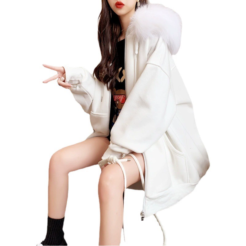 Европейский и американский трансграничный утолщенный кардиган с капюшоном на флисовой подкладке свитер свободный дизайн волос пальто на молнии женское оптом