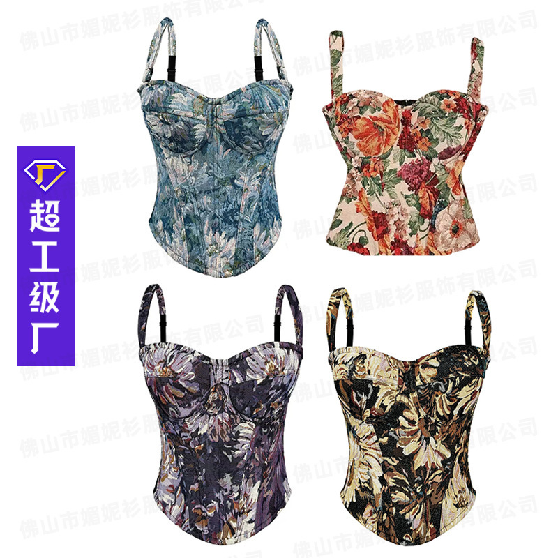 Camisole with Breast Pads for Women, Jacquard Fishbone Bra, Outer Wear, Breast-Retracting Support, Camellia Tube Top Dress, Body-Shaping Top