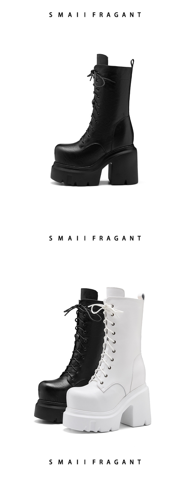 Boot nữ da mềm mũi tròn gót thô đế dày dây buộc cao 14 cm — Đen nhung chi tiết 9