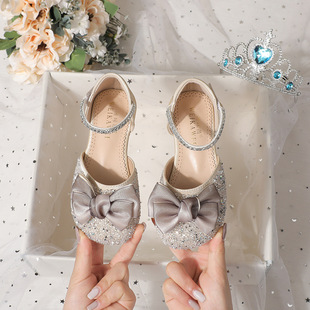 New Style Baotou Girls' Sandals Princess Shoes 2025 Summer Children Soft Bottom Leather Shoes Crystal Shoes Baby Hollow Single-layer Shoes