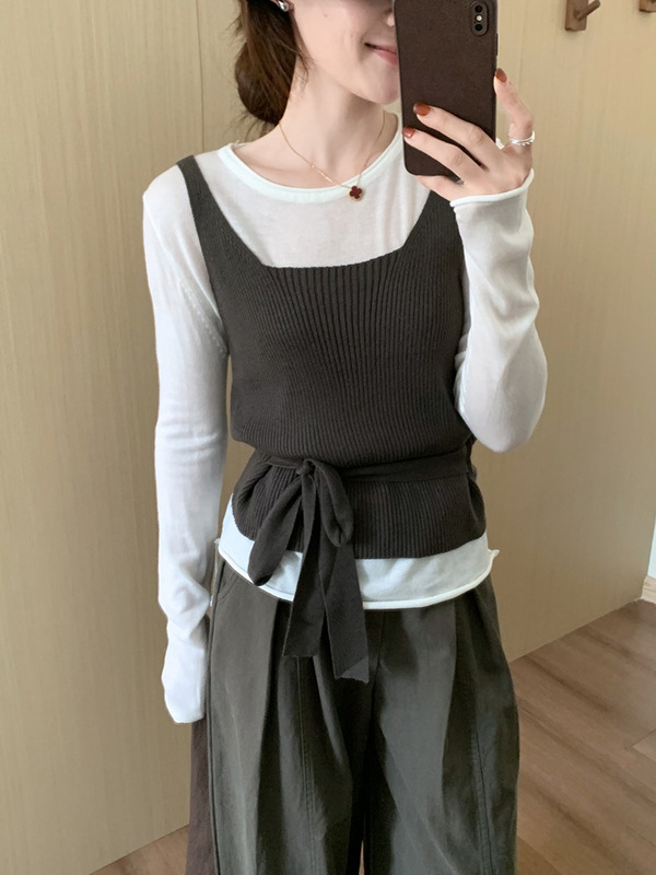 韩系简约绑带吊带背心+长袖T恤针织套装女秋季新款显瘦毛衣两件套|undefined