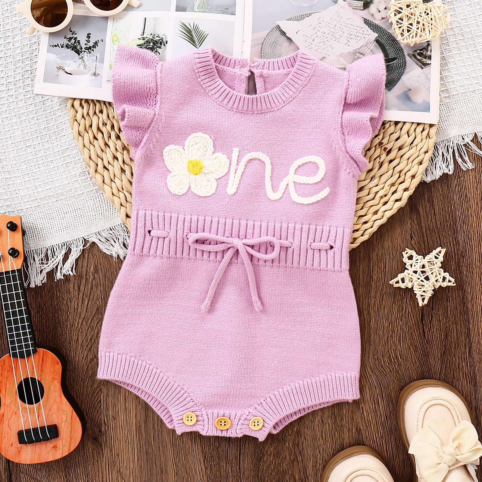 Baby Girl Flounced Sleeve Letters Flower Embroidery Lace Button Romper