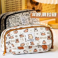 Cappibara multi-functional canvas three-layer large-capacity pencil case, cute creative student stationery bag, pencil bag