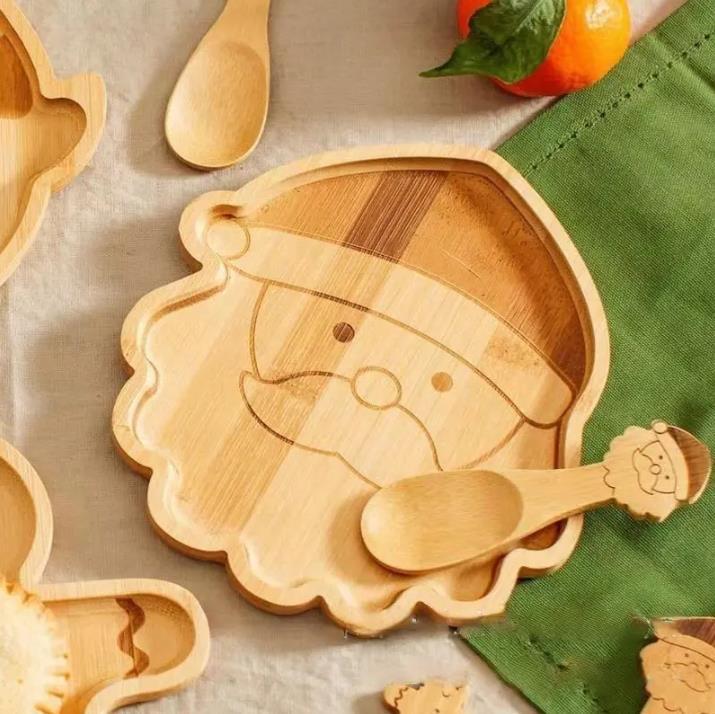 Cute Santa Claus Dinner Plate Compartment Bamboo Decoration Theme Party Tableware Bamboo Reindeer Cartoon Tray