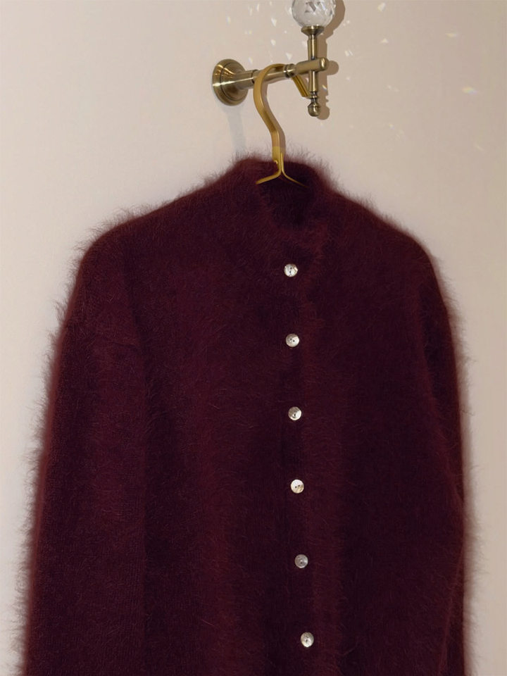 Áo khoác cardigan len nữ dáng ôm cổ tròn tay dài một hàng cúc chất liệu lông mềm mại — Màu hồng, Màu trắng, Màu xám nhạt, Xanh đậm chi tiết 17