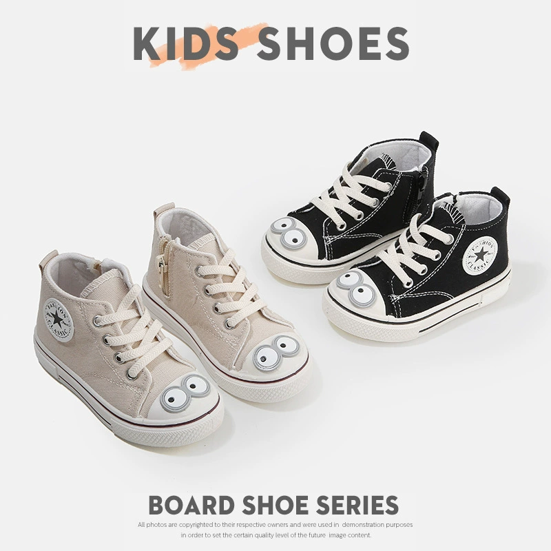 Высокие парусиновые туфли для мальчиков, весенне-осенние кроссовки с мультяшными героями на боковой молнии для мальчиков, белые туфли для девочек, детская обувь на мягкой подошве для малышей.