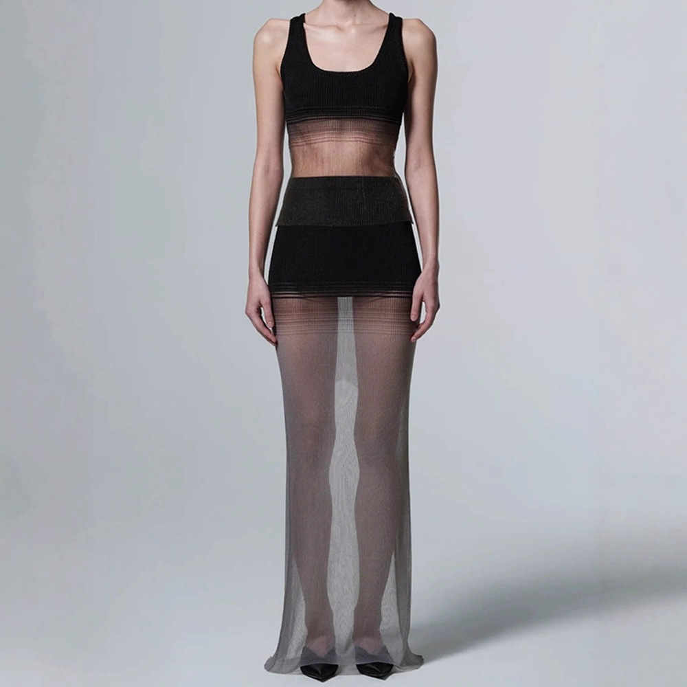 (小单30)渐变色细腻针织网纱背心半身裙辣妹修身拼色透视网纱套装