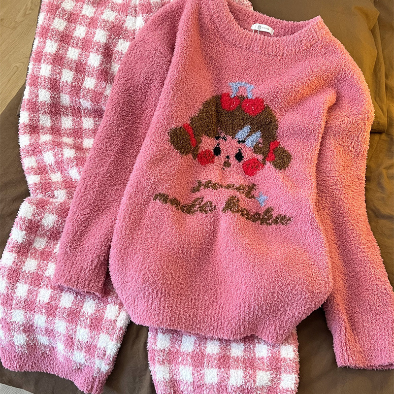 Cute Girl Cartoon Knitted Half-Velvet Pajamas for Women, New Autumn and Winter Warm Fleece-Lined Thickened Home Wear Set