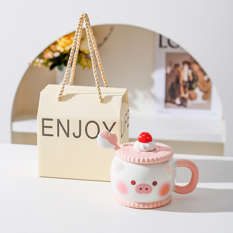 Creativa encantadora caricatura de cerámica taza de regalo rosa de corazón de niña taza de agua con cuchara de cerdo taza de gato
