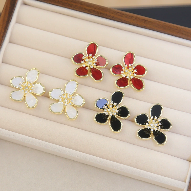 Earrings with zircon, high-quality style, flowered