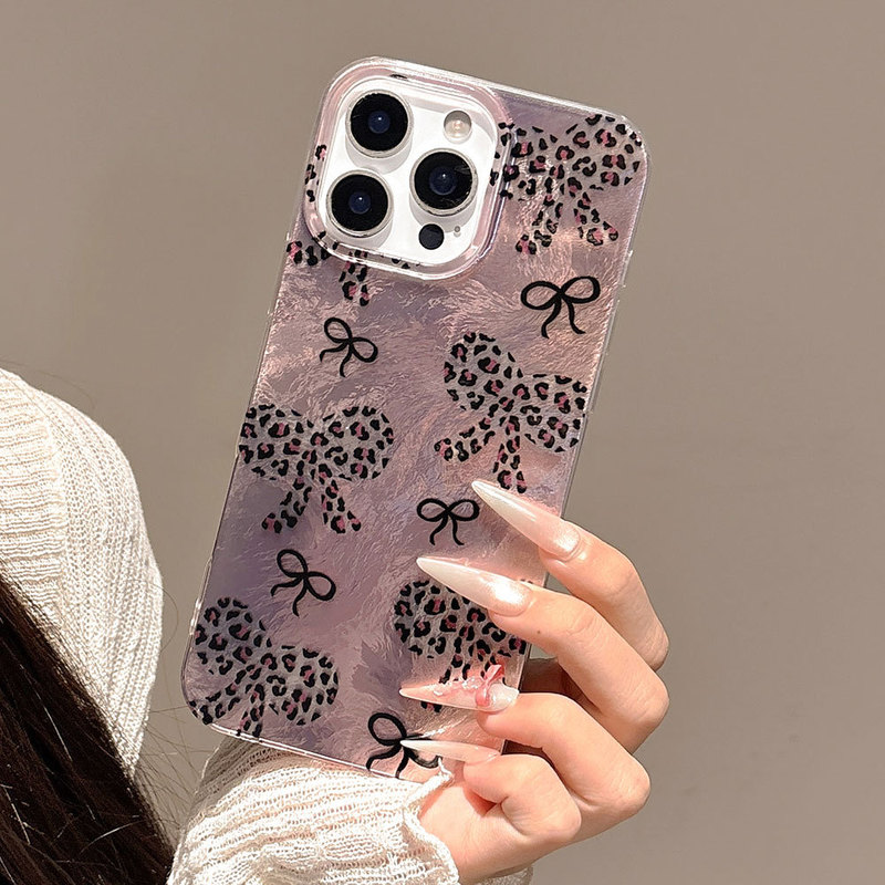2025 Summer Leopard Print Bow Phone Case Iphone16Pro Full Edge Transparent Soft Case Anti-Fall and Waterproof 15