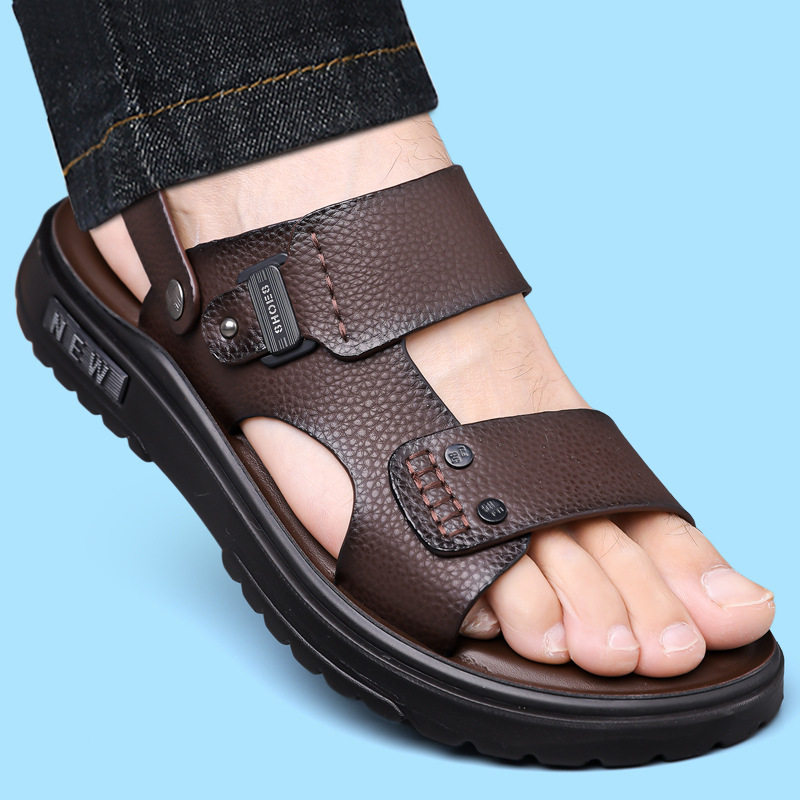 Dép sandal nam da bò lớp đầu hở ngón thoáng khí chống trượt đi biển và dạo phố — C6253 Màu nâu, C6253 Màu đen