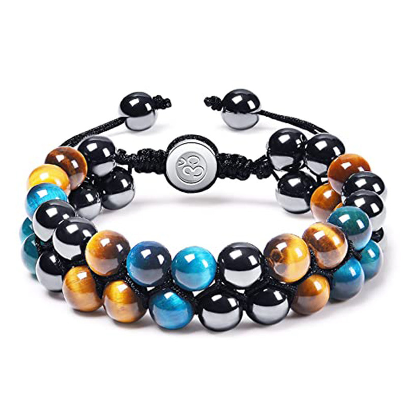 Cross-border hot sale 8mm blue tiger eye black magnet bracelet double layer hand woven black agate double row bracelet men