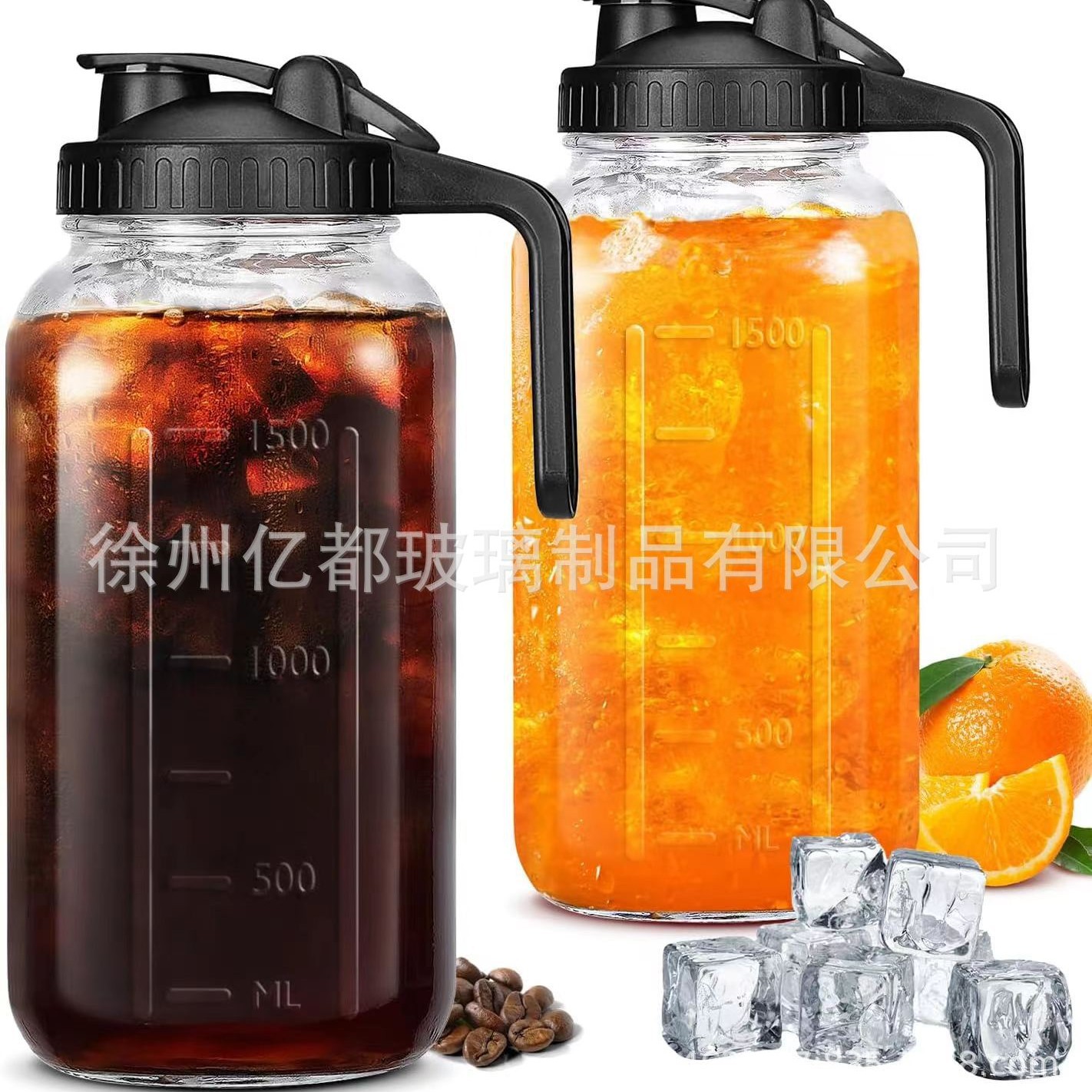 亚马逊32oz梅森饮料玻璃瓶咖啡滤网64oz带刻度梅森罐冷水壶把手盖