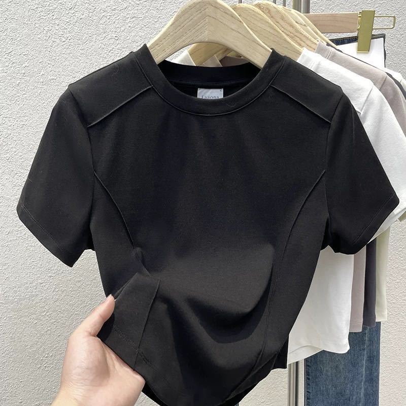 2025 Summer New Fishbone Short-Sleeved Curved Hem T-Shirt Women's Age-Reducing Short Right Shoulder European Simple Top