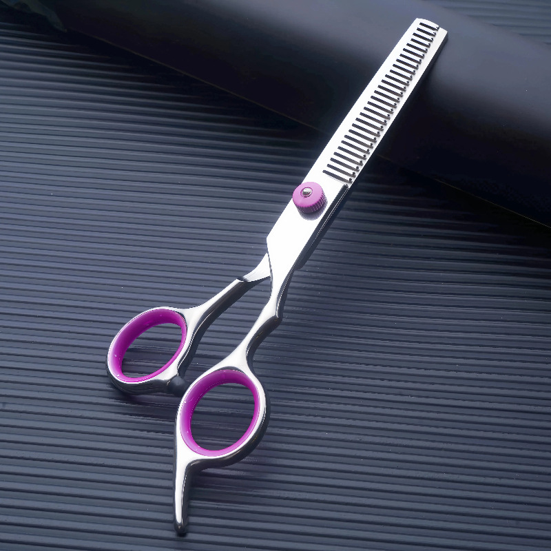 All steel integrated fish mouth-tooth scissors (pink screw powder ring)