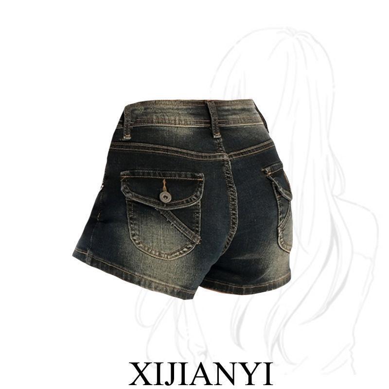 American Retro Gray-Blue Denim Shorts for Women, New Summer Style, Slim Fit, High-Waisted, Stretchy, Ultra-Short Hot Pants