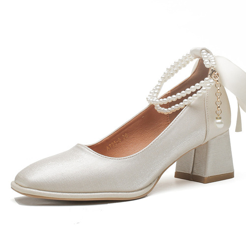 French wedding shoes for women  spring and summer new style ribbon bow fairy engagement two-wear thick heel non-tiring shoes