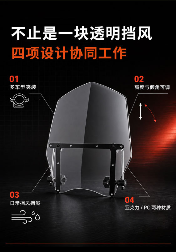 Acrylic transparent wind shield for electric vehicles and motorcycles, universal model for all-season riding, with multi-angle adjustment