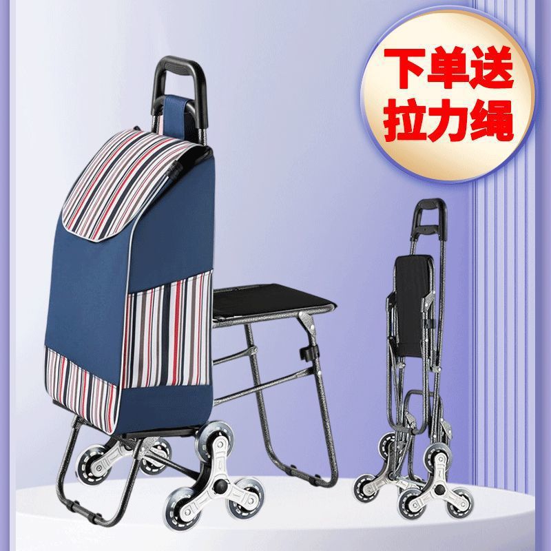Household Shopping Cart, Stair Climbing Trolley, Foldable Grocery Shopping Cart, Elderly Trolley with Stool, Portable Trolley