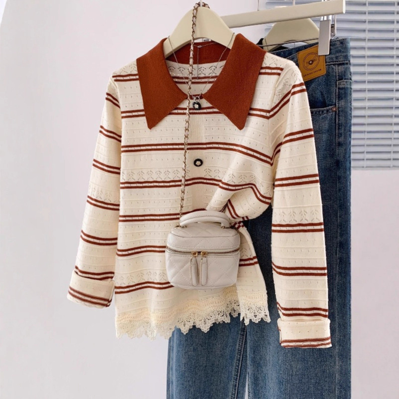Plus Size Contrasting Color Polo Collar Lace Splicing Knitwear for Women in Autum Fat Girl Fashionable Slimming Look Cut Out Knitwear A6762