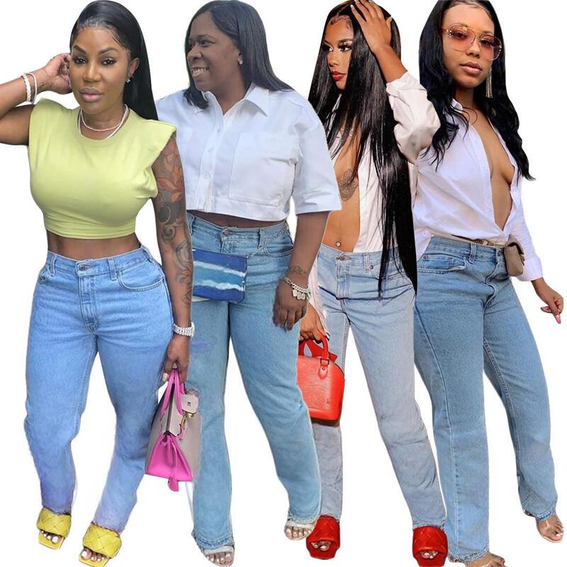 J2683 European and American Cross-Border Women's Clothing Casual Versatile High-Waisted Blue Washed Denim Pants Jeans in 4 Colors in Stock