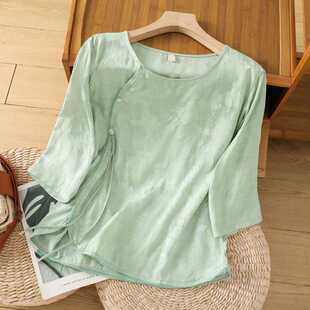 Actual Shot of 2025 Spring and Summer New Chinoiserie Printed Satin Round Neck Shirt Tea Suit Loose Shirt Literary Style