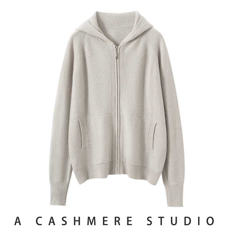 Spring New Lp Style Cashmere Knitted Cardigan for Women, Hooded Zipper Style, Casual Soft Cashmere Hoodie Jacket