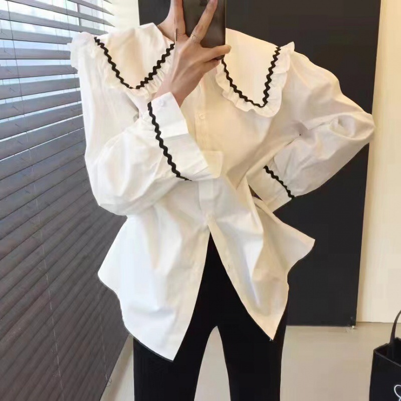 Korean Retro Foreign Style Contrast Color Lace Navy Collar Single-breasted Loose All-match Long-sleeved Shirt Top for Women