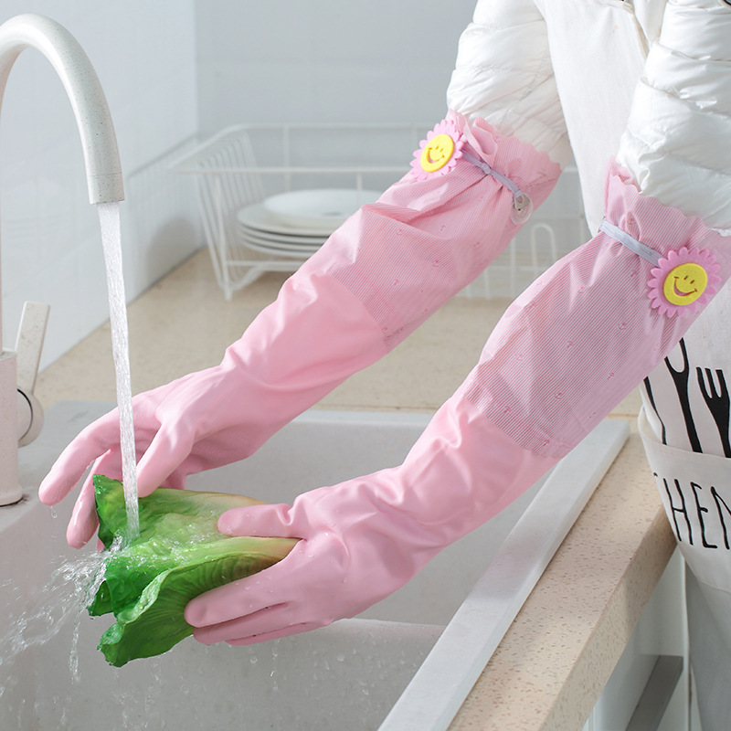 食器を洗う手袋の女性の上口は家事の台所の丈夫な洗濯とベルベットの厚いゴムの長い防水家庭用を吊るすことができる|undefined