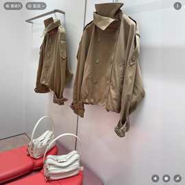 高版本~25早秋新款法式双排扣下摆褶皱美拉德色系短款风衣夹克女