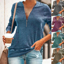 2025跨境欧美风秋季新款女装纯色宽松大码时尚V字领拉链长袖T恤女