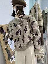 日系復古菱格polo領毛衣女裝秋冬季新款設計感小眾撞色短款針織衫