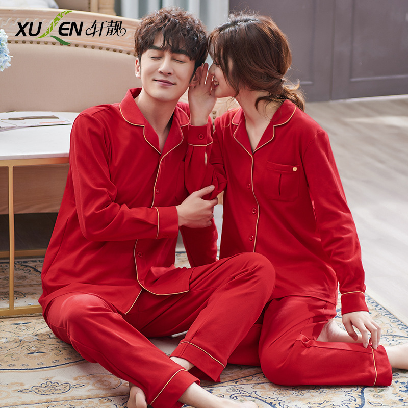 Pijamas de pareja primavera y otoño 100% algodón para hombres y mujeres novia boda Ropa de hogar roja traje de manga larga año de nacimiento