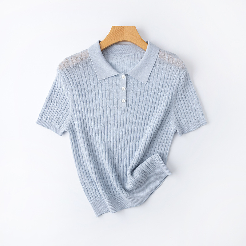 【Premium Japanese Paper Yarn】Vintage Youthful Polo Collar Cable Knit Short Sleeve Women's 26 Spring/Summer Casual Versatile T-Shirt Top 【Premium Japanese Paper Yarn】Vintage Youthful Polo Collar Cable Knit Short Sleeve Women's 26 Spring/Summer Casual Versatile T-Shirt Top