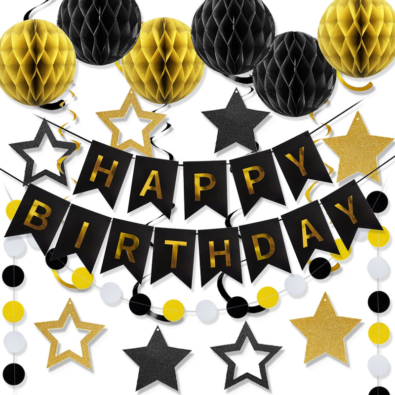 Cross-Border Black Gold New Year Graduation Party Decoration Birthday Flag Disc Pull Flower Hollow Star Vortex Wholesale Customization