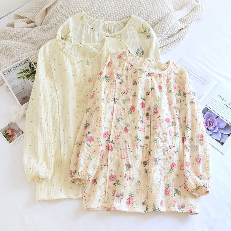 Spring and Autumn Pure Cotton Crepe Pregnant Women's Pajamas Single-Piece Top Breastfeeding Clothes Summer Thin Gauze Moon Clothing Postpartum Breastfeeding Clothes