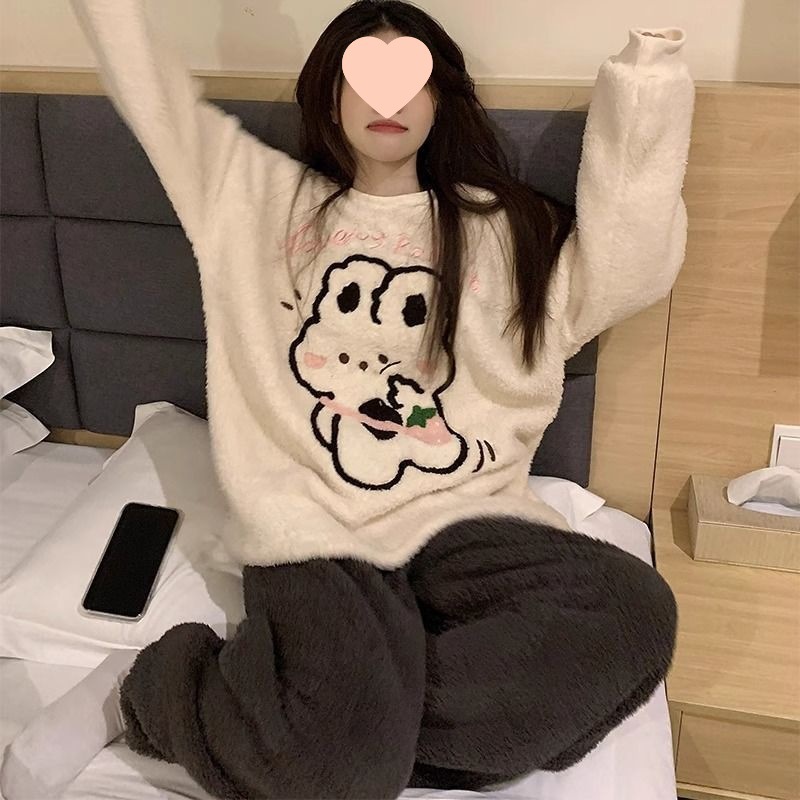 韩版甜美珊瑚绒睡衣女秋冬季加绒加厚卡通可爱法兰绒家居服套装