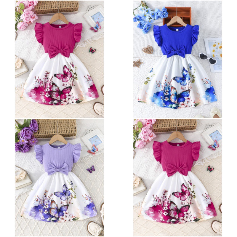 25 Years of Cross-Border Supply - New Summer Flying Sleeve Dress for Girls, Pure Color Top and Flower Print Skirt