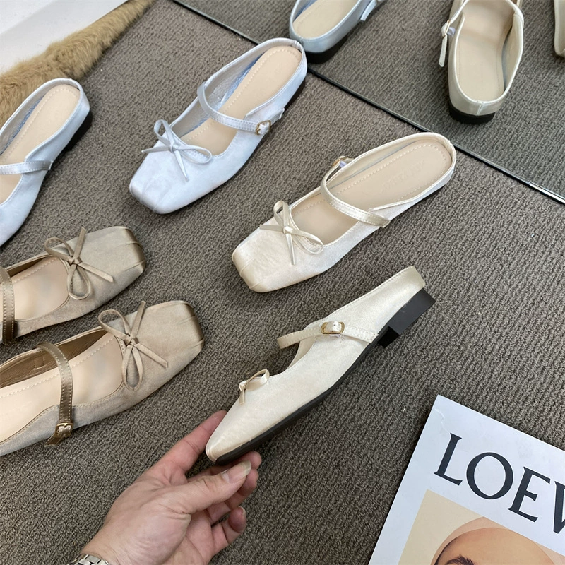 XINZHOU 2025 Spring New Style Temperature Satin Bread-toe Half Slippers Wear Women's Shoes with Bow Square Toe Flat Sole Cool