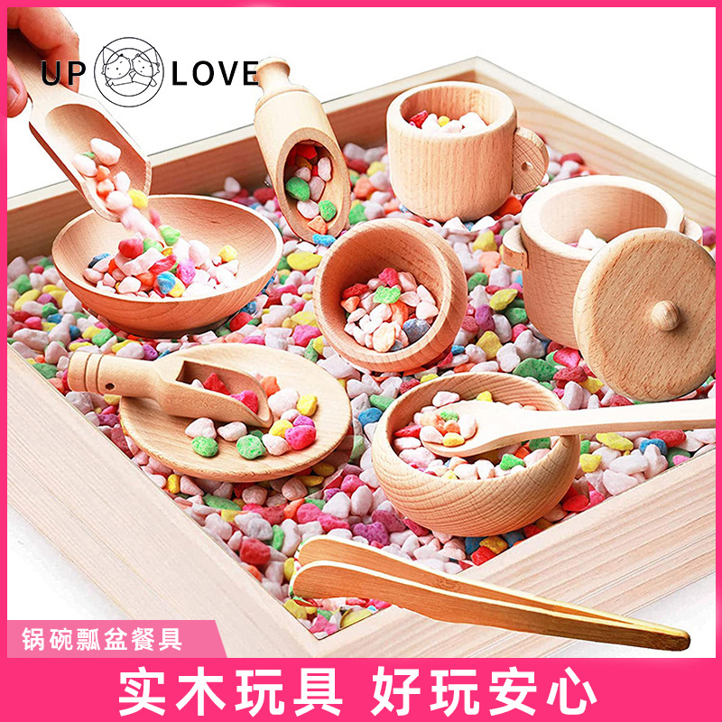 Beechwood solid wood playhouse kitchen simulation toys, kitchen tea sets, wooden simulation toys, pots, pans, and tableware