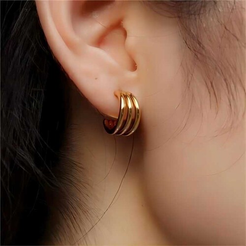European and American INS style Internet celebrity titanium steel earrings 18k gold double line three line C-shaped earrings light luxury high-end earrings earrings