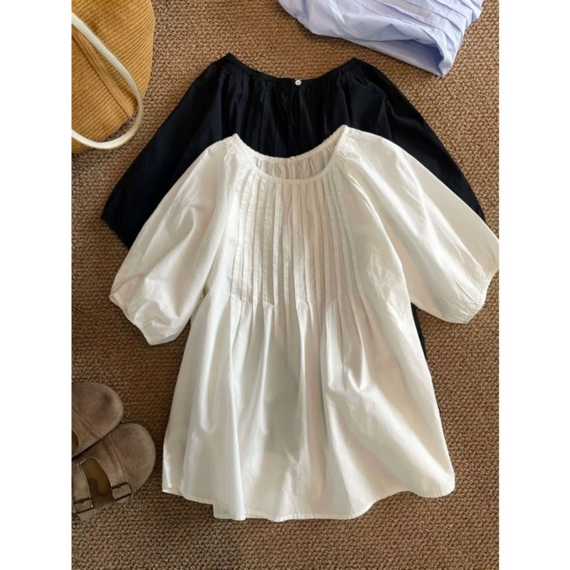 French-Style Exquisite Pleated Design Short-Sleeve Top for Women, 2026 Summer New Loose and Versatile Elegant Blouse French-Style Exquisite Pleated Design Short-Sleeve Top for Women, 2026 Summer New Loose and Versatile Elegant Blouse