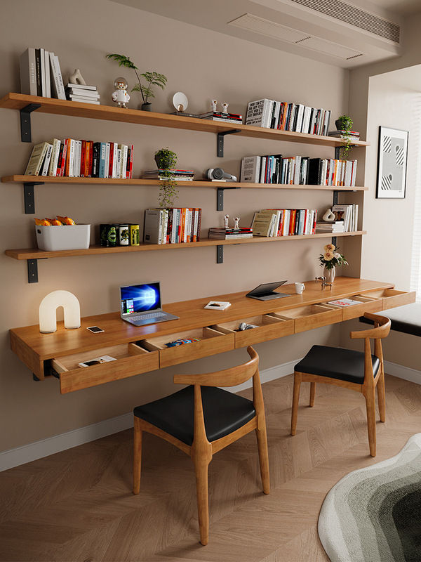 Solid wood long desk bookshelf combination study desk bookcase integrated student home wall hanging hanging computer desk